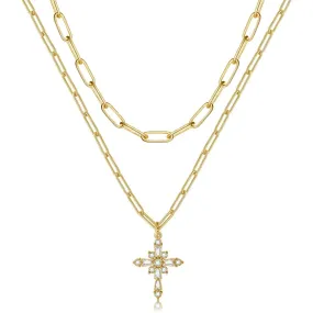 Dainty 14K Gold Layered Cross Pendant Necklace- Paperclip Cross