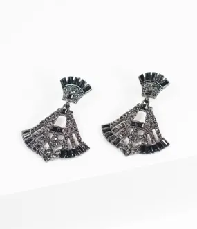 Deco Style Black Rhinestone Drop Fan Earrings