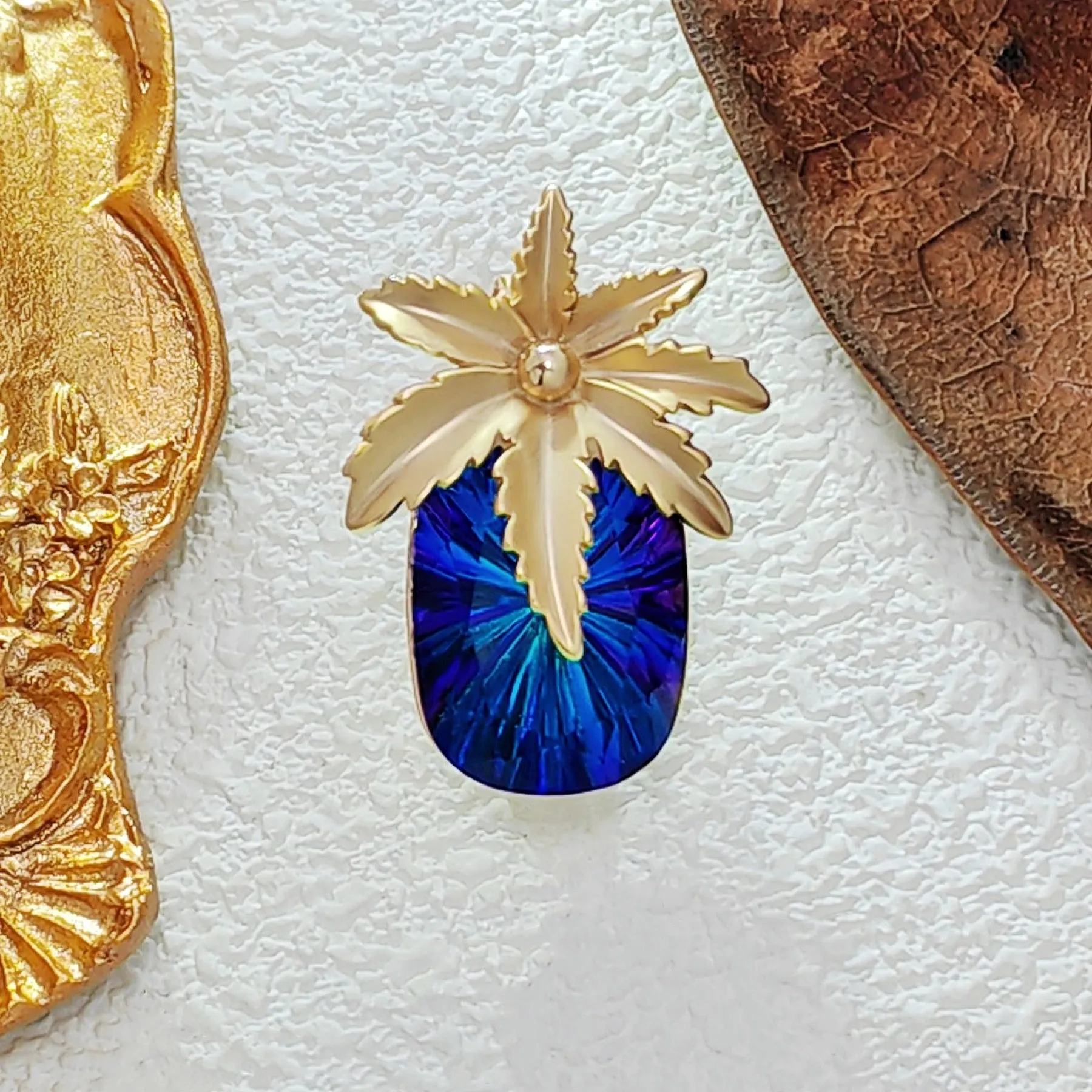 Designer Fashion Gold Metallic Leaf & Blue Stone Pineapple Pin Brooch