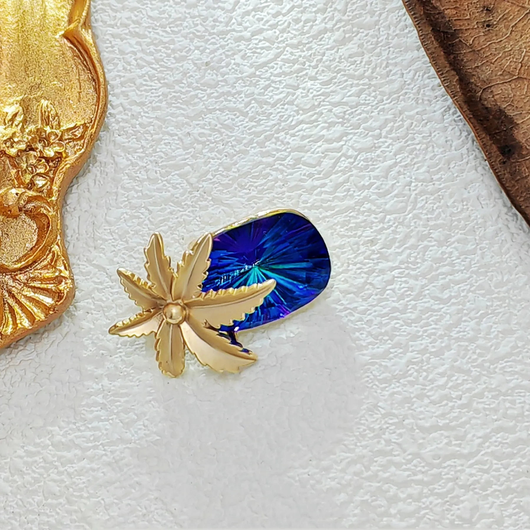 Designer Fashion Gold Metallic Leaf & Blue Stone Pineapple Pin Brooch