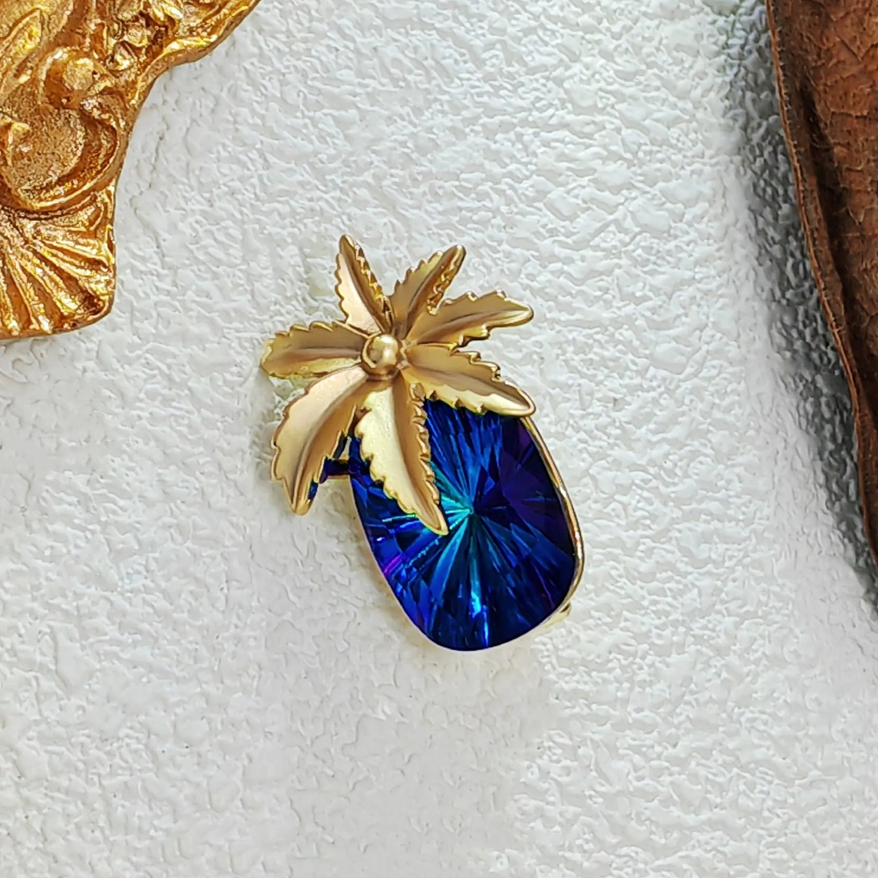 Designer Fashion Gold Metallic Leaf & Blue Stone Pineapple Pin Brooch