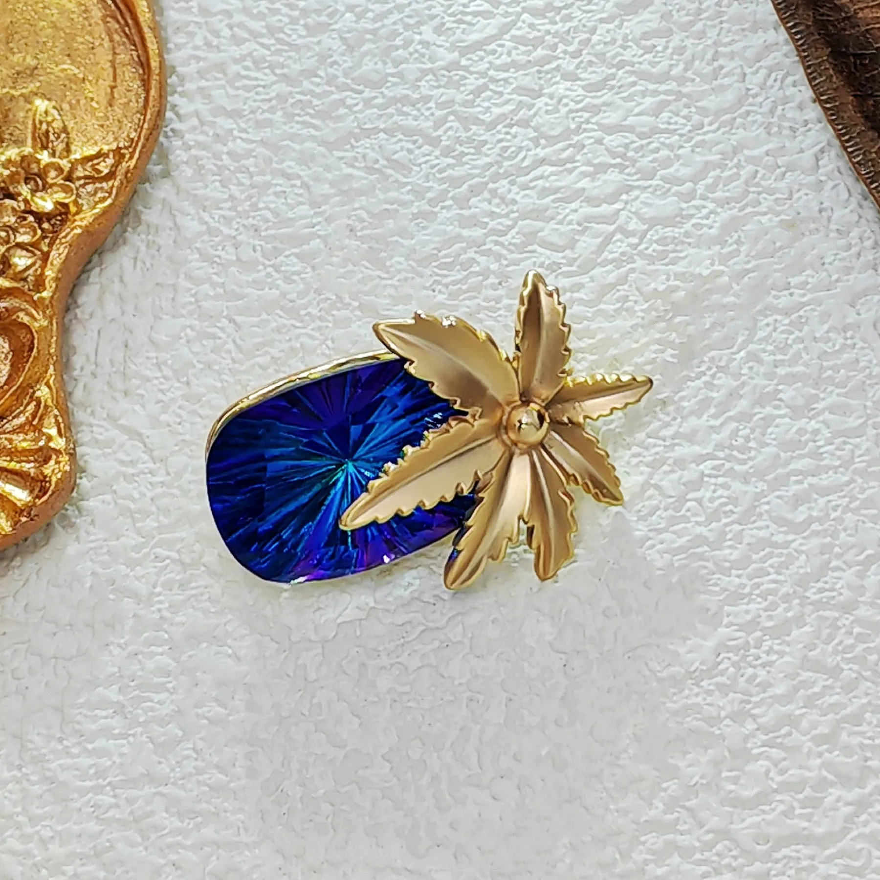 Designer Fashion Gold Metallic Leaf & Blue Stone Pineapple Pin Brooch