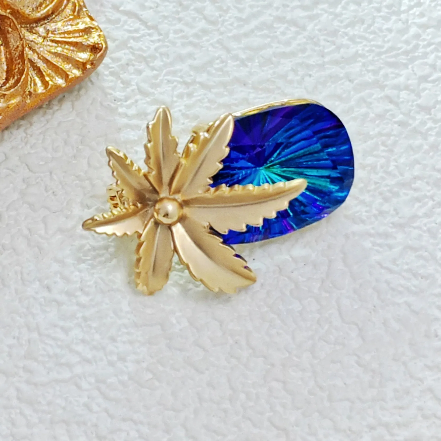Designer Fashion Gold Metallic Leaf & Blue Stone Pineapple Pin Brooch