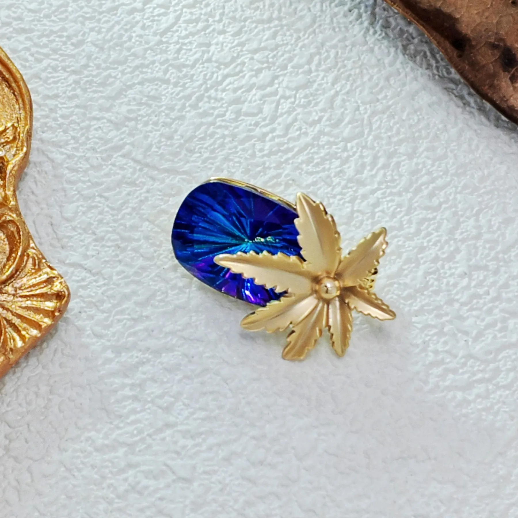 Designer Fashion Gold Metallic Leaf & Blue Stone Pineapple Pin Brooch