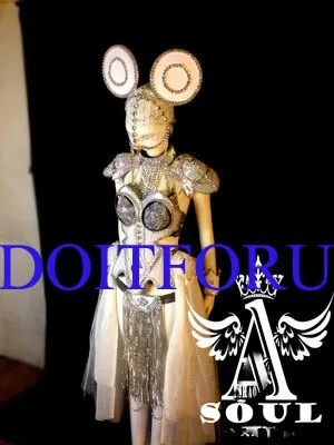 DHL  LED light ballroom costumes sexy silver catwalk dance music singer clothes bar party wears disco stage dj cosplay dresses