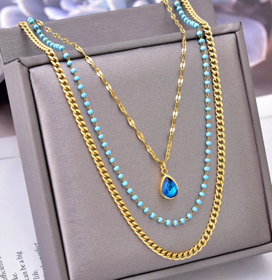 Fashionable gold three-layer blue pendant necklace