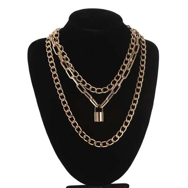 Fashionable Necklace Layered Chain Necklace Lock Pendant Jewelry For Women