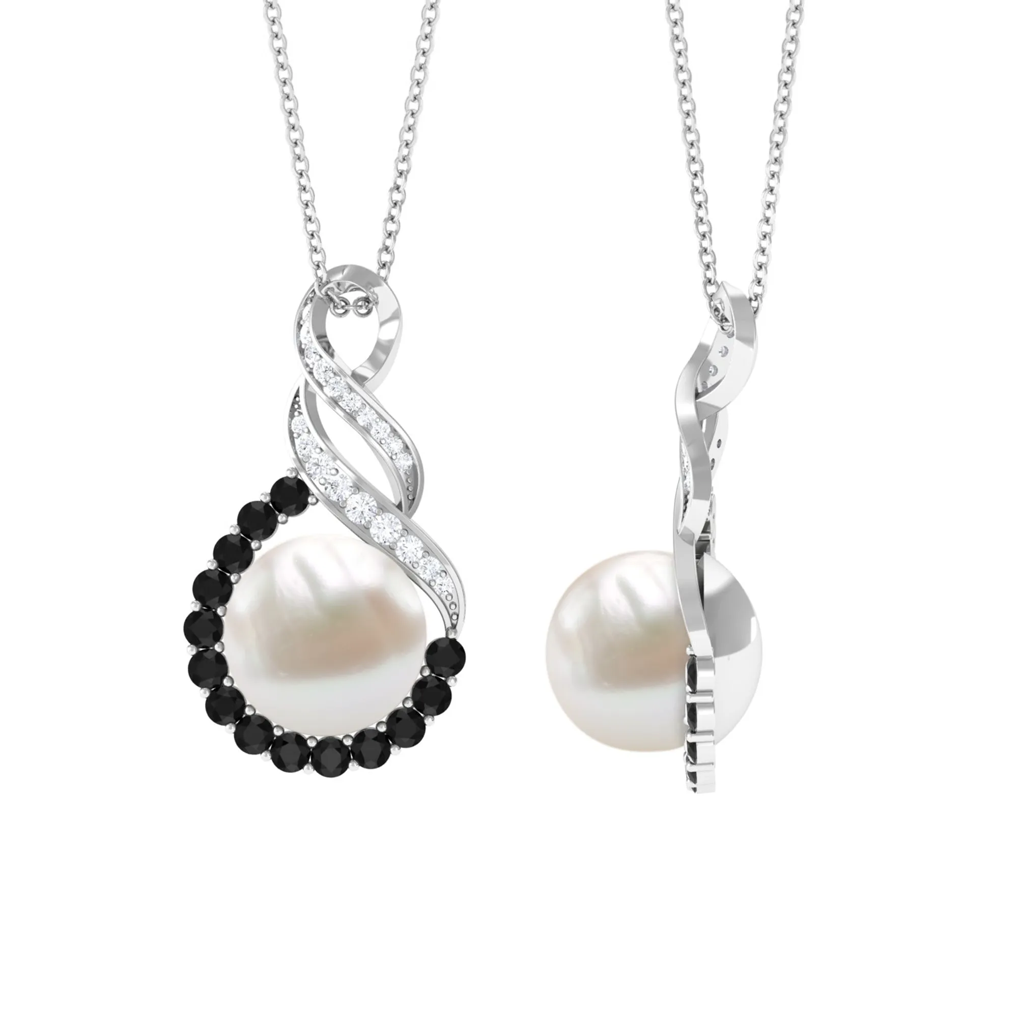 Freshwater Pearl Infinity Dangle Pendant with Black and White Diamond