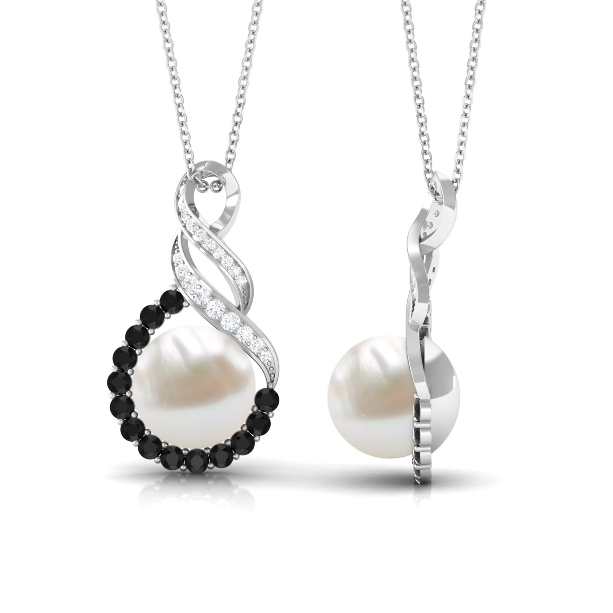 Freshwater Pearl Infinity Dangle Pendant with Black and White Diamond