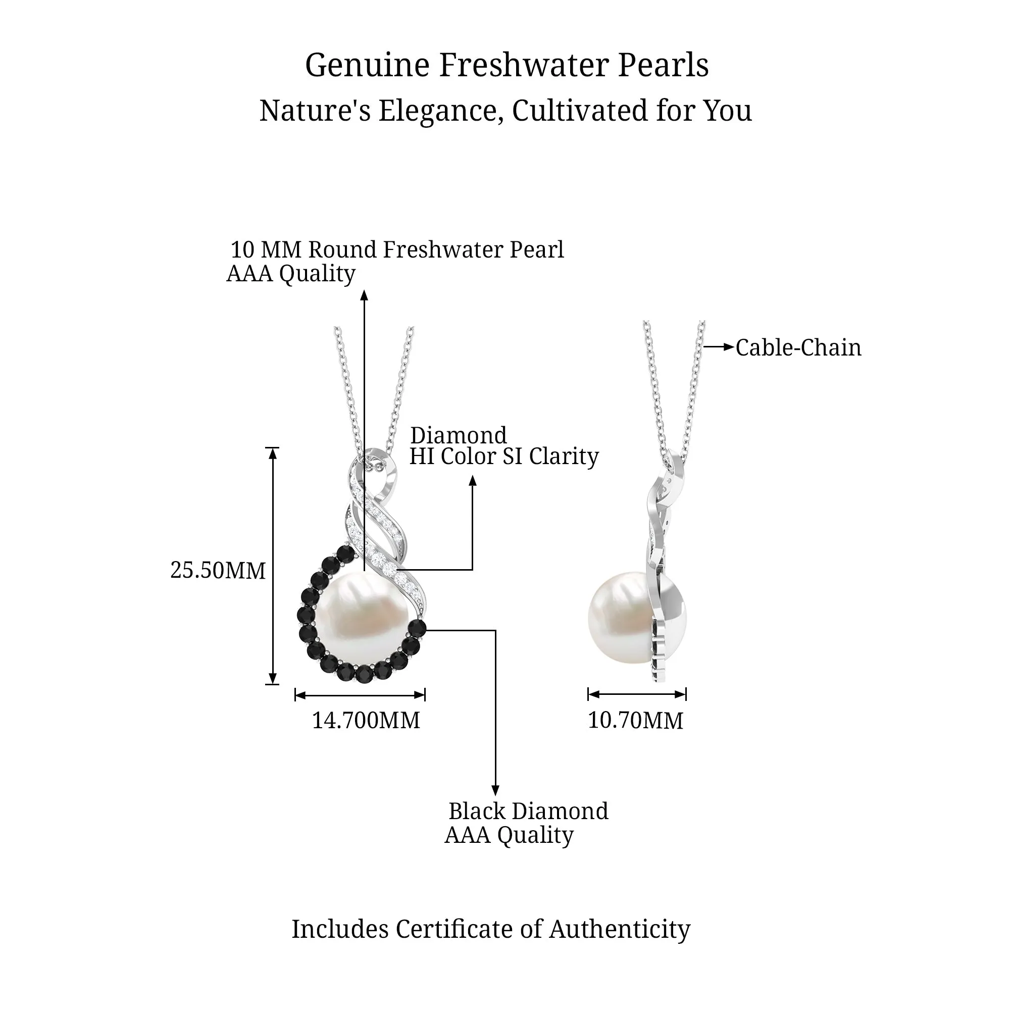 Freshwater Pearl Infinity Dangle Pendant with Black and White Diamond