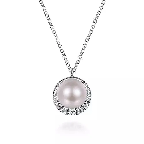 Gabriel & Co | 14K White Gold Cultured Pearl and Diamond Halo Pendant Necklace
