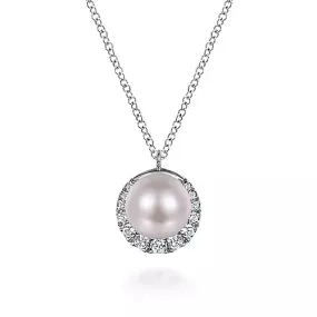 Gabriel & Co | 14K White Gold Cultured Pearl and Diamond Halo Pendant Necklace