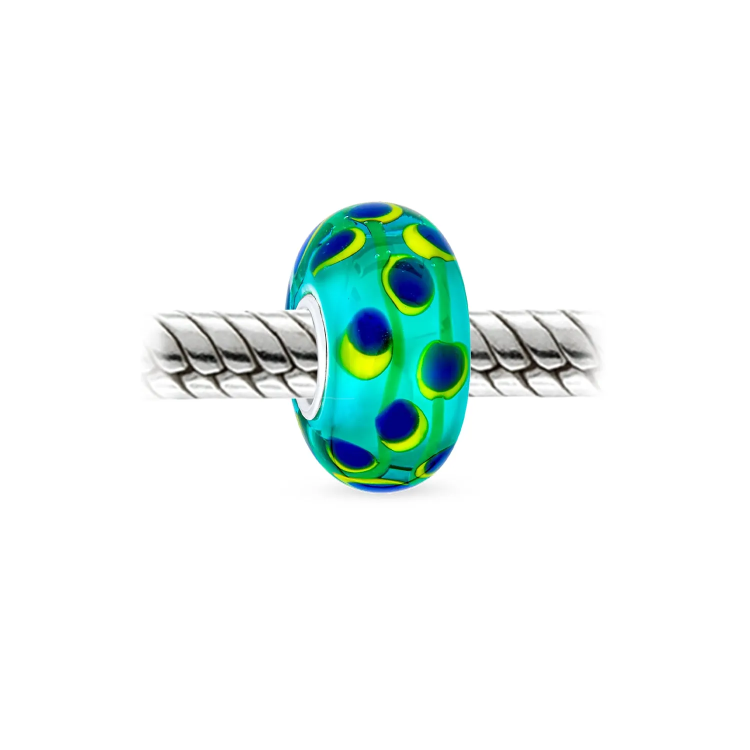 Glass Charm Bead Murano Green Yellow Spotted Circles Sterling Silver Core Spacer