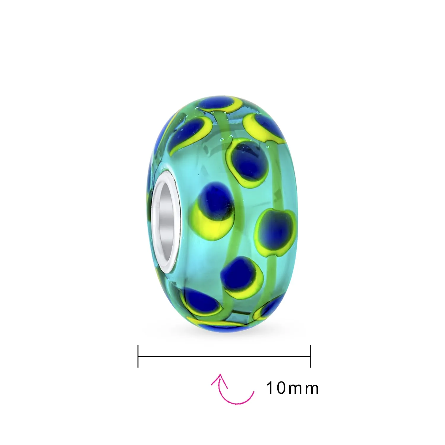 Glass Charm Bead Murano Green Yellow Spotted Circles Sterling Silver Core Spacer