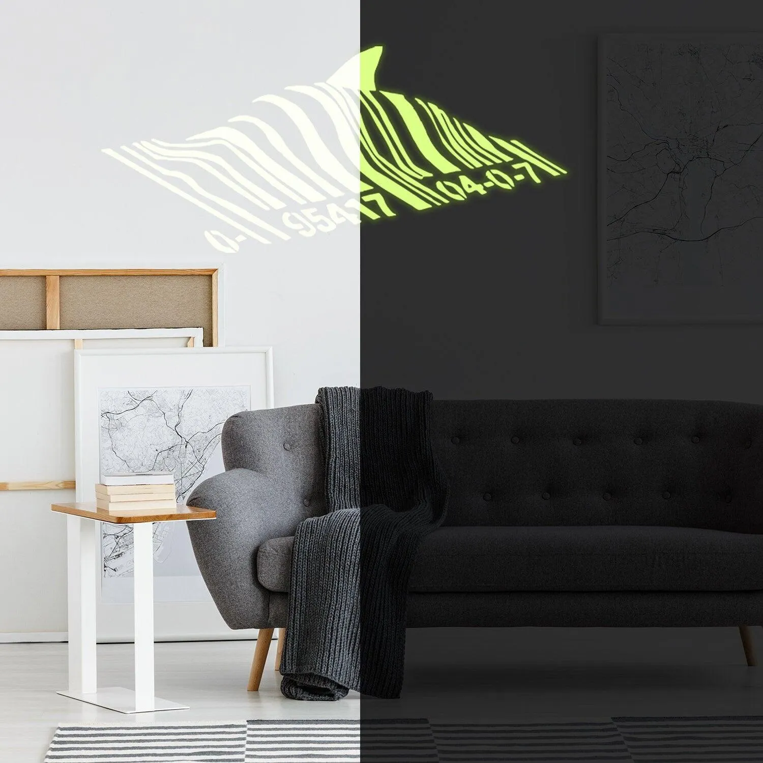 Glow In Dark Banksy Barcode Shark Wall Sticker - Night Glowing Swimming Fish Under Bar Code Vinyl Decal