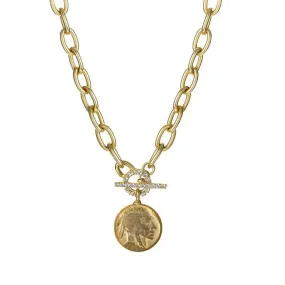 Gold Indian Head Necklace with Crystal Toggle