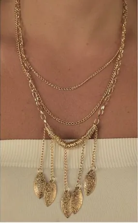 Gold Metallic Leaf Multi Strand Necklace