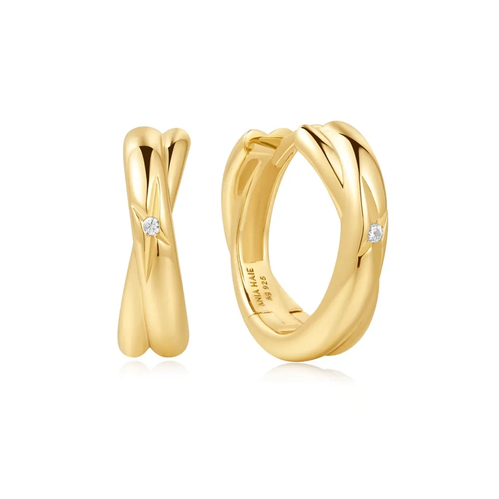 Gold Plated Crossover Huggie Hoop Earrings by Ania Haie
