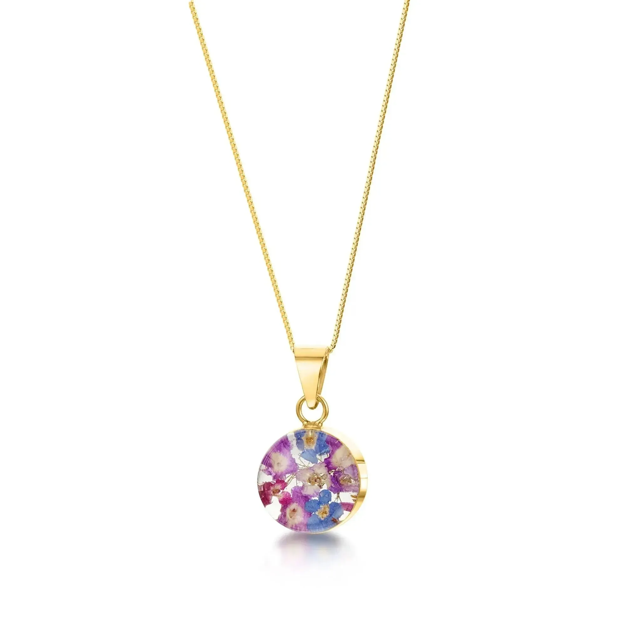 Gold-Plated Sterling Silver Round Pendant with Real Flowers - Purple Haze Collection