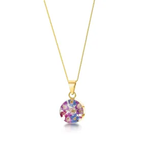 Gold-Plated Sterling Silver Round Pendant with Real Flowers - Purple Haze Collection