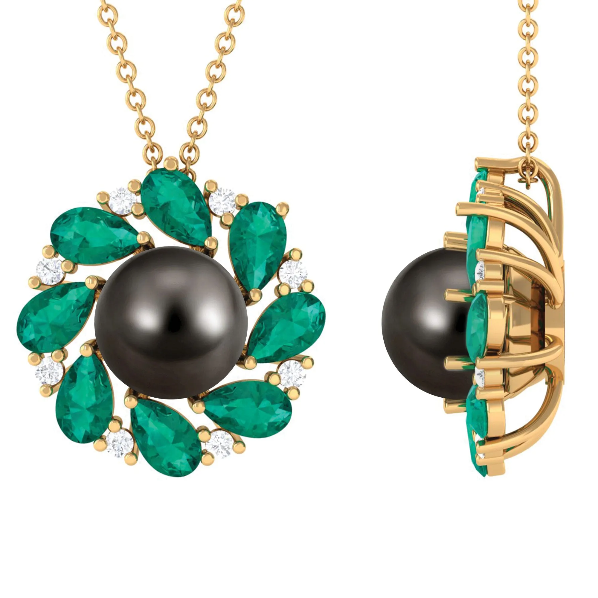 Handpicked Black Tahitian Pearl Flower Pendant Necklace with Lab Grown Emerald and Moissanite