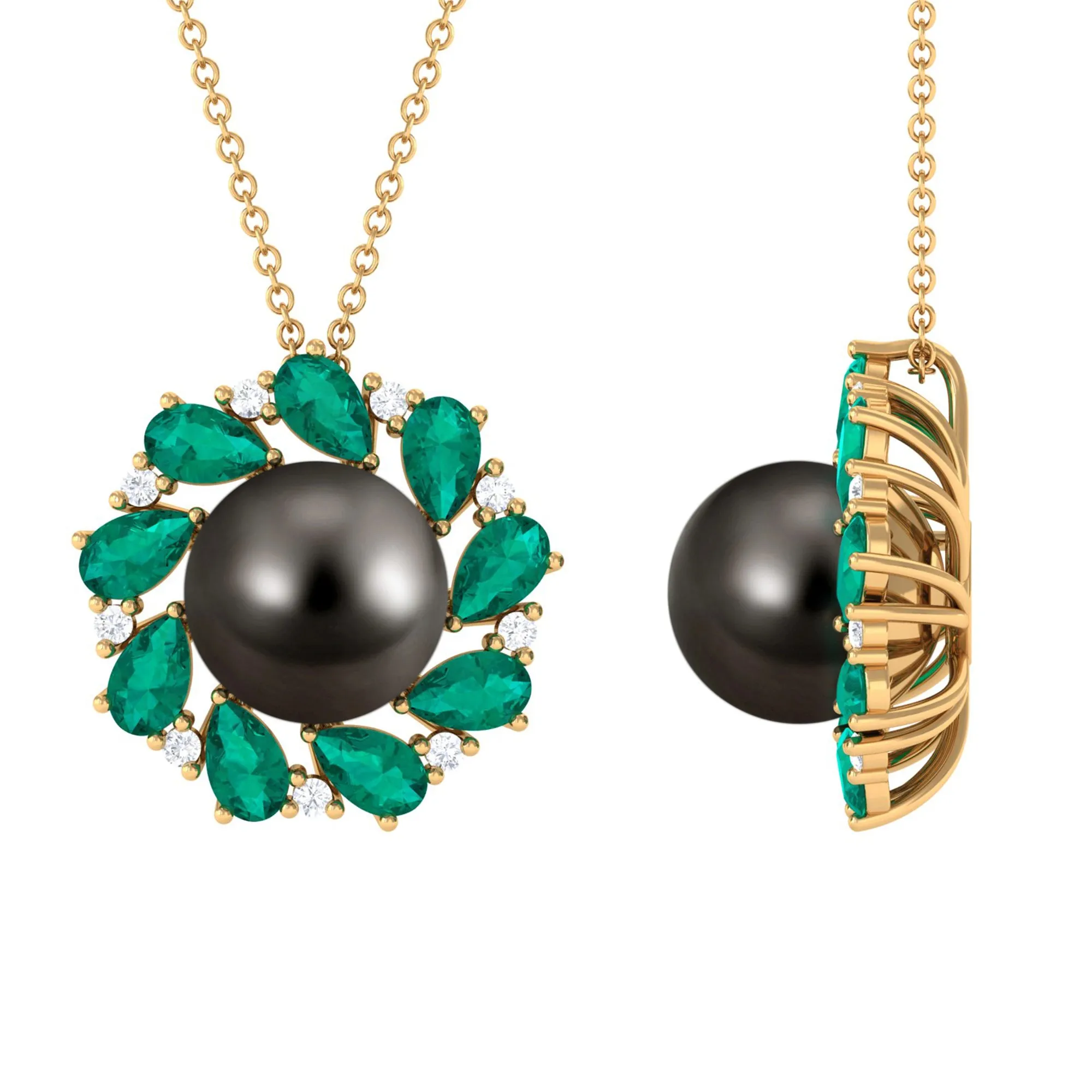 Handpicked Black Tahitian Pearl Flower Pendant Necklace with Lab Grown Emerald and Moissanite