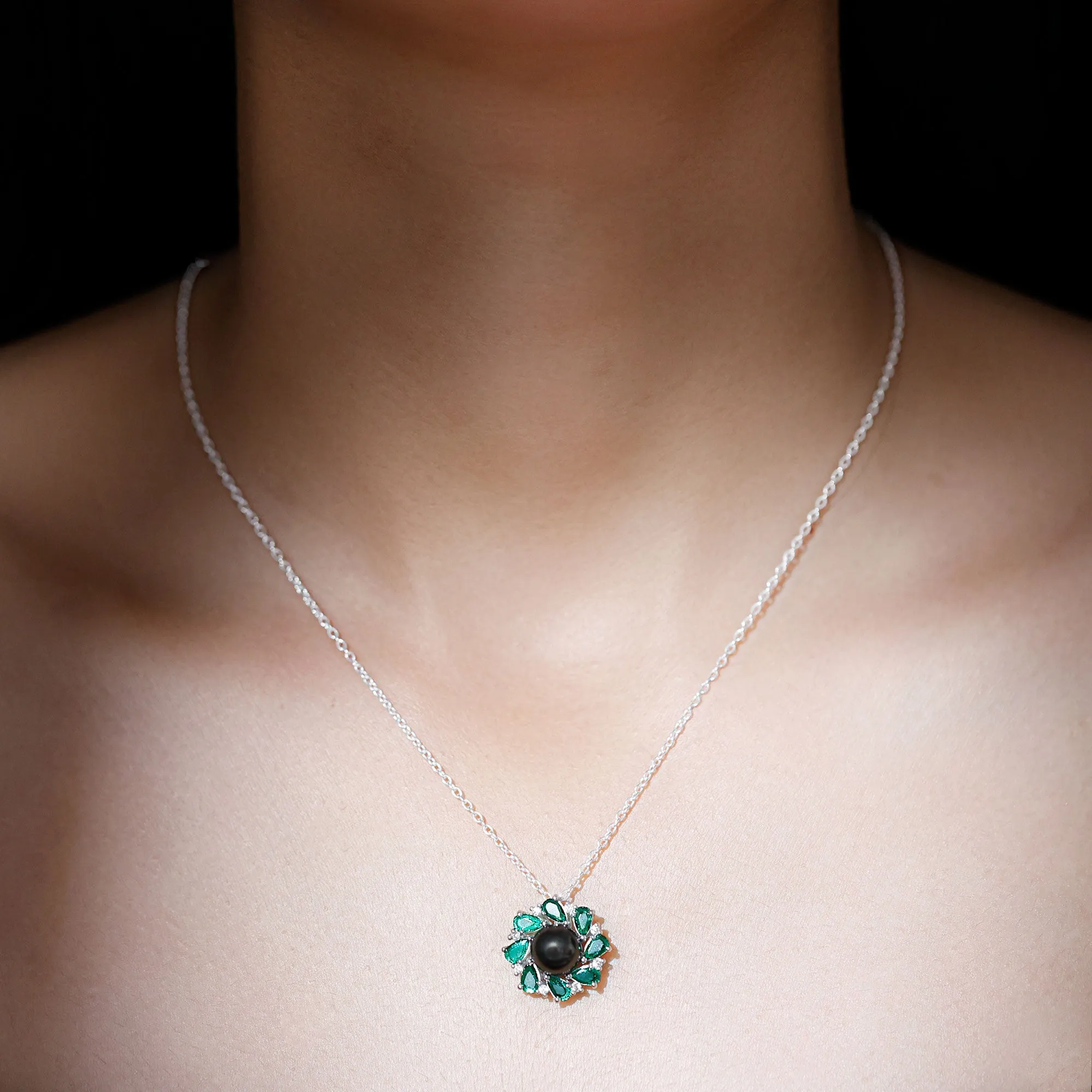 Handpicked Black Tahitian Pearl Flower Pendant Necklace with Lab Grown Emerald and Moissanite