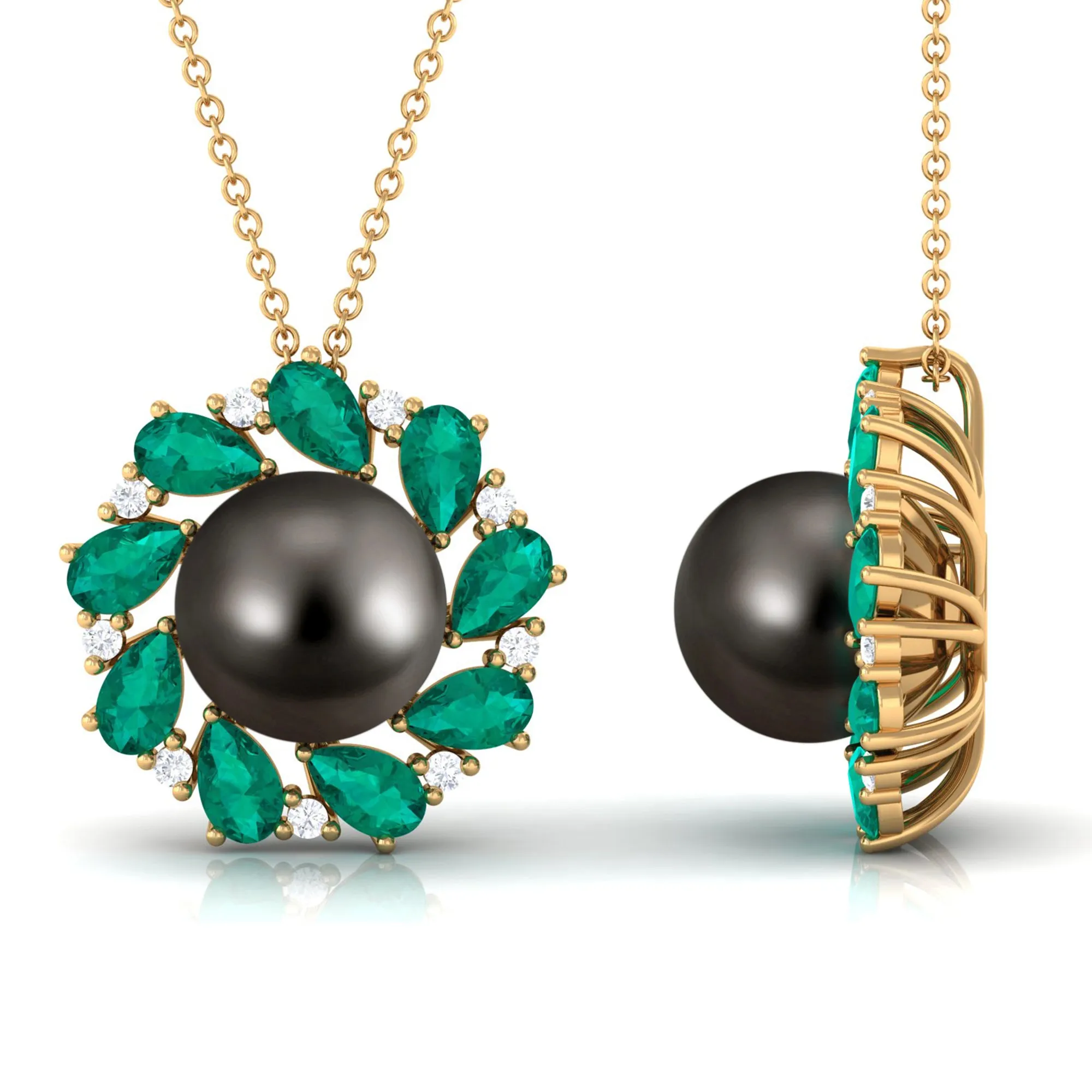 Handpicked Black Tahitian Pearl Flower Pendant Necklace with Lab Grown Emerald and Moissanite
