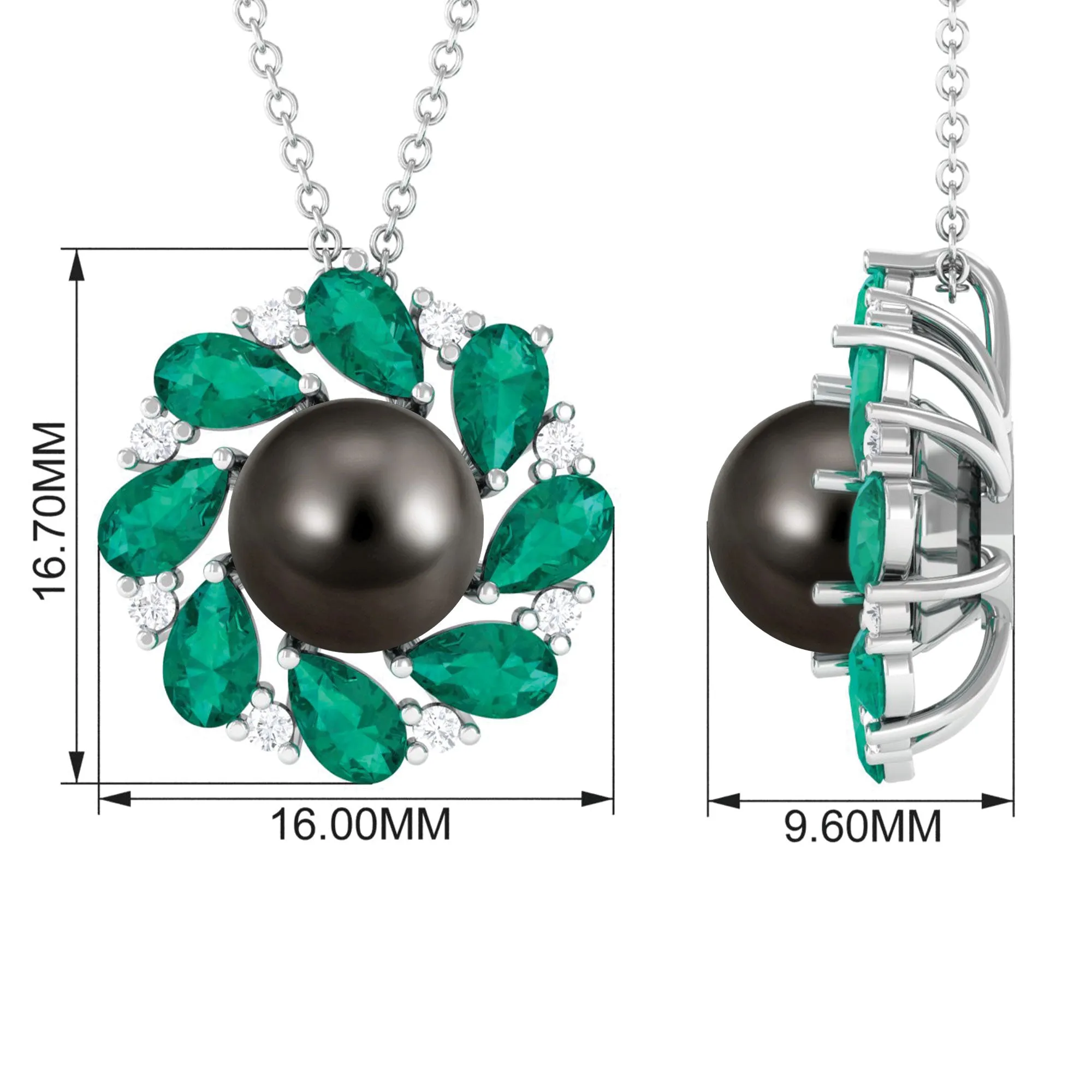 Handpicked Black Tahitian Pearl Flower Pendant Necklace with Lab Grown Emerald and Moissanite