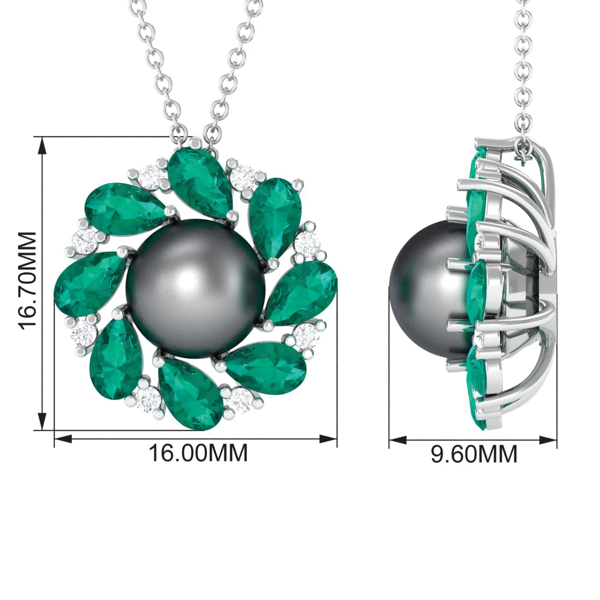 Handpicked Black Tahitian Pearl Flower Pendant Necklace with Lab Grown Emerald and Moissanite
