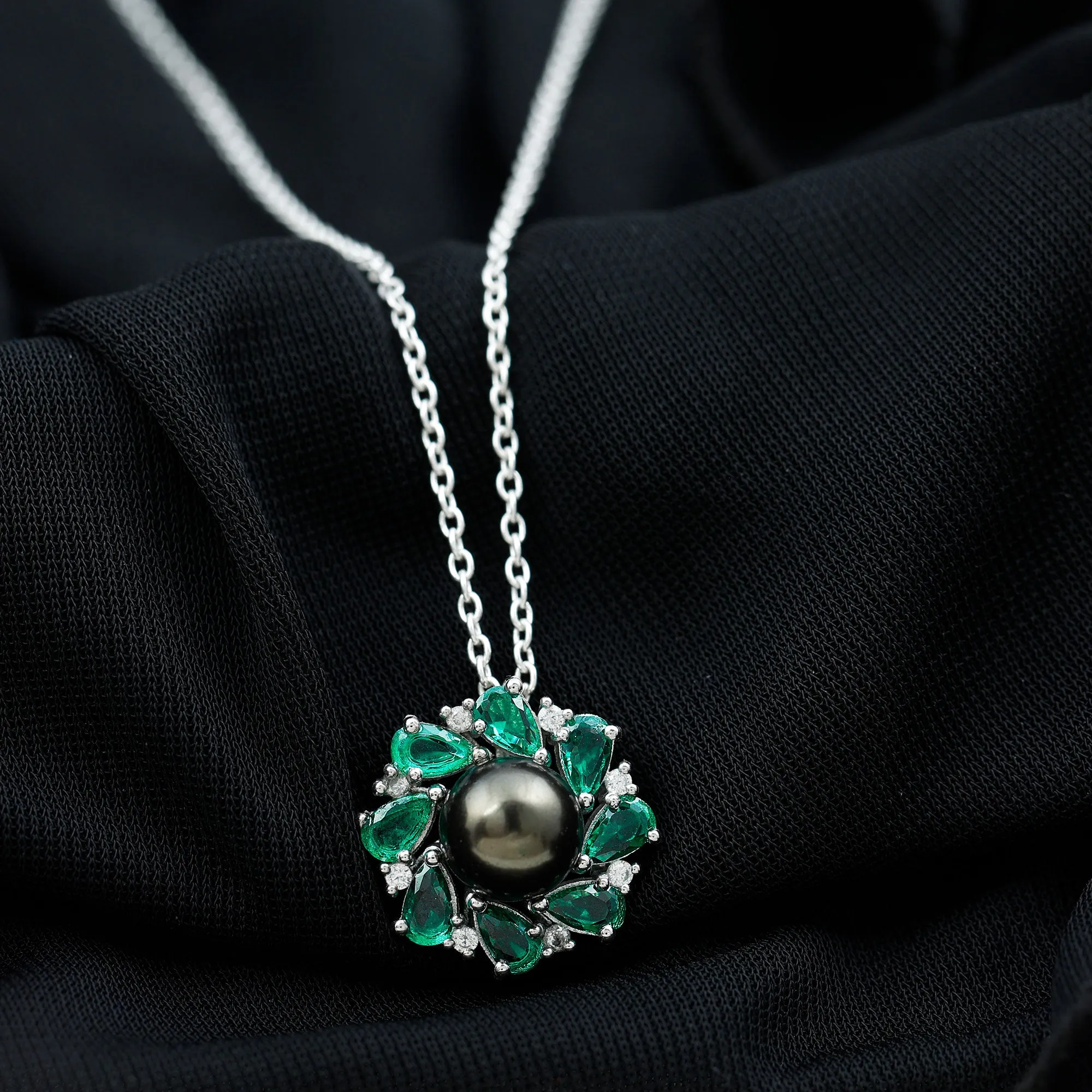 Handpicked Black Tahitian Pearl Flower Pendant Necklace with Lab Grown Emerald and Moissanite
