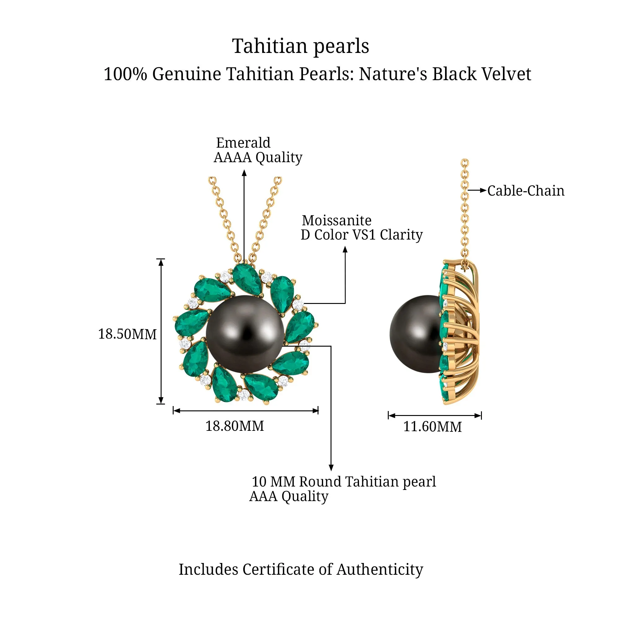 Handpicked Black Tahitian Pearl Flower Pendant Necklace with Lab Grown Emerald and Moissanite