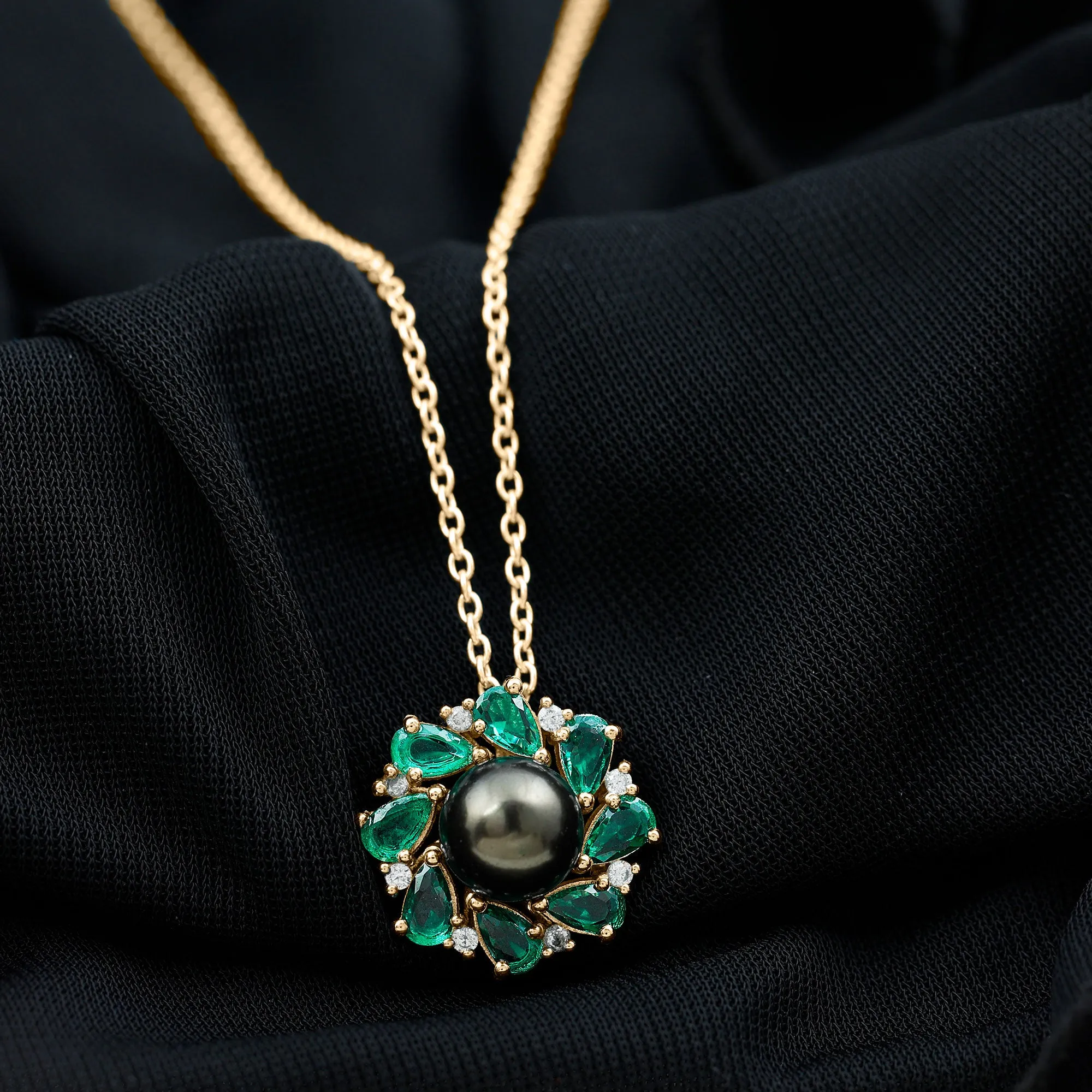 Handpicked Black Tahitian Pearl Flower Pendant Necklace with Lab Grown Emerald and Moissanite
