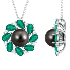 Handpicked Black Tahitian Pearl Flower Pendant Necklace with Lab Grown Emerald and Moissanite