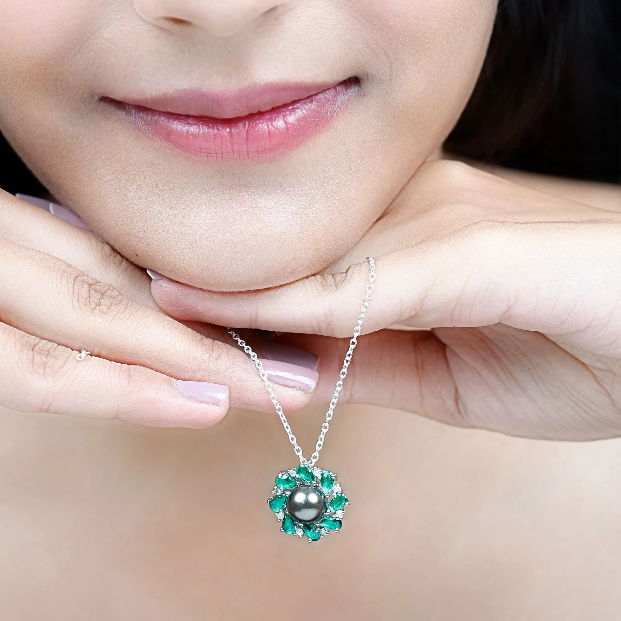 Handpicked Black Tahitian Pearl Flower Pendant Necklace with Lab Grown Emerald and Moissanite