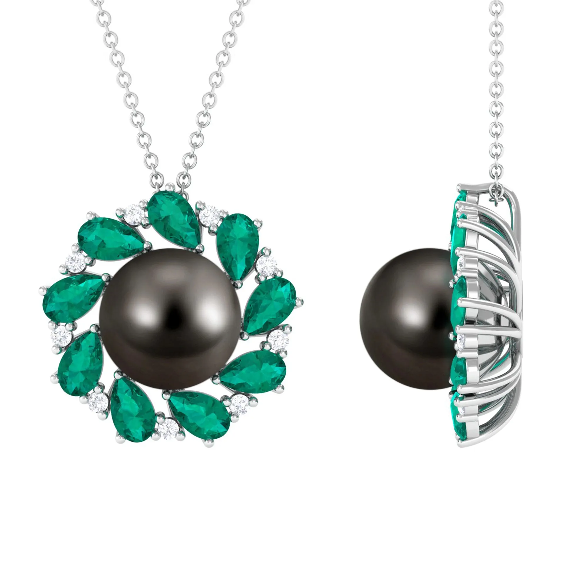 Handpicked Black Tahitian Pearl Flower Pendant Necklace with Lab Grown Emerald and Moissanite