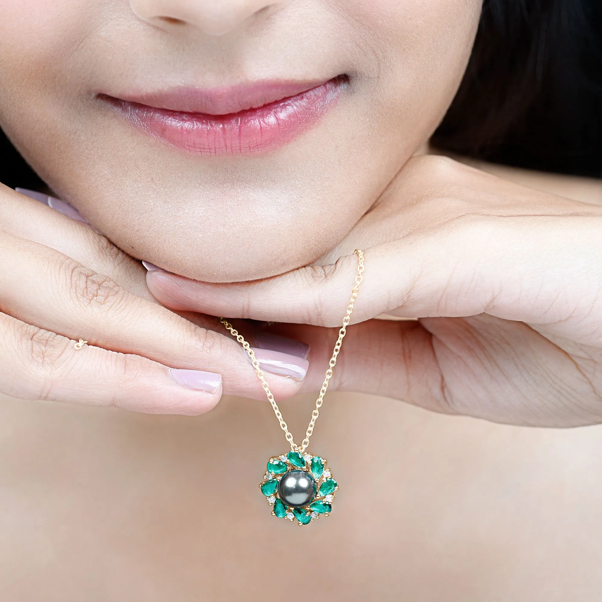 Handpicked Black Tahitian Pearl Flower Pendant Necklace with Lab Grown Emerald and Moissanite