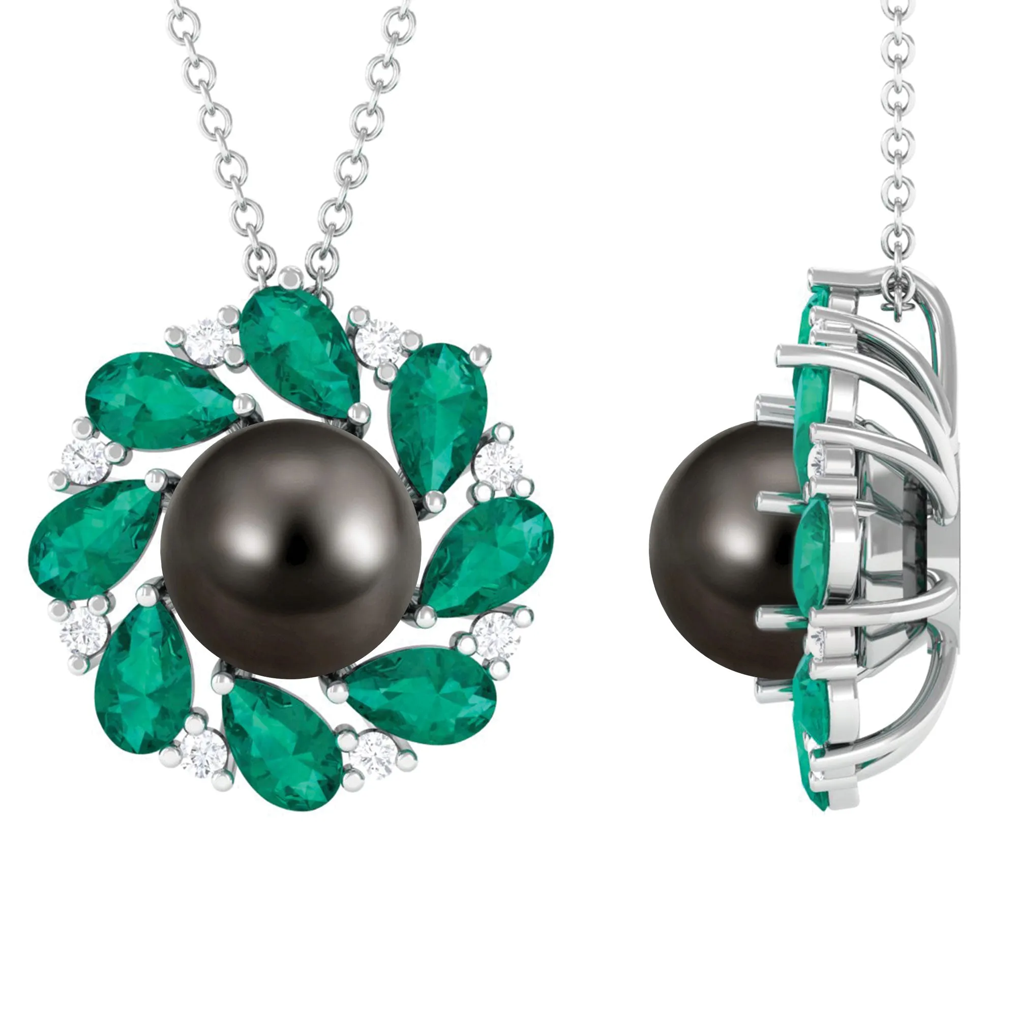 Handpicked Black Tahitian Pearl Flower Pendant Necklace with Lab Grown Emerald and Moissanite