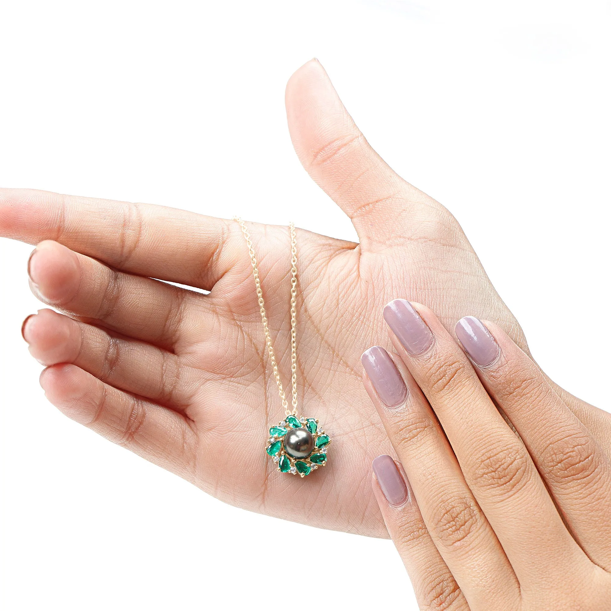 Handpicked Black Tahitian Pearl Flower Pendant Necklace with Lab Grown Emerald and Moissanite