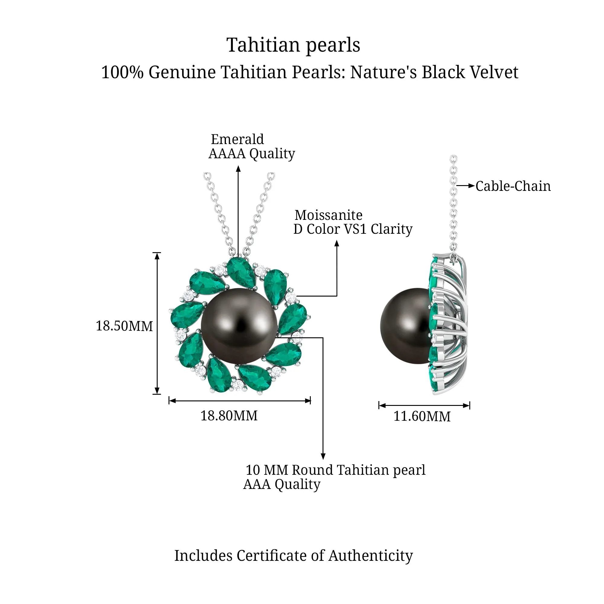 Handpicked Black Tahitian Pearl Flower Pendant Necklace with Lab Grown Emerald and Moissanite