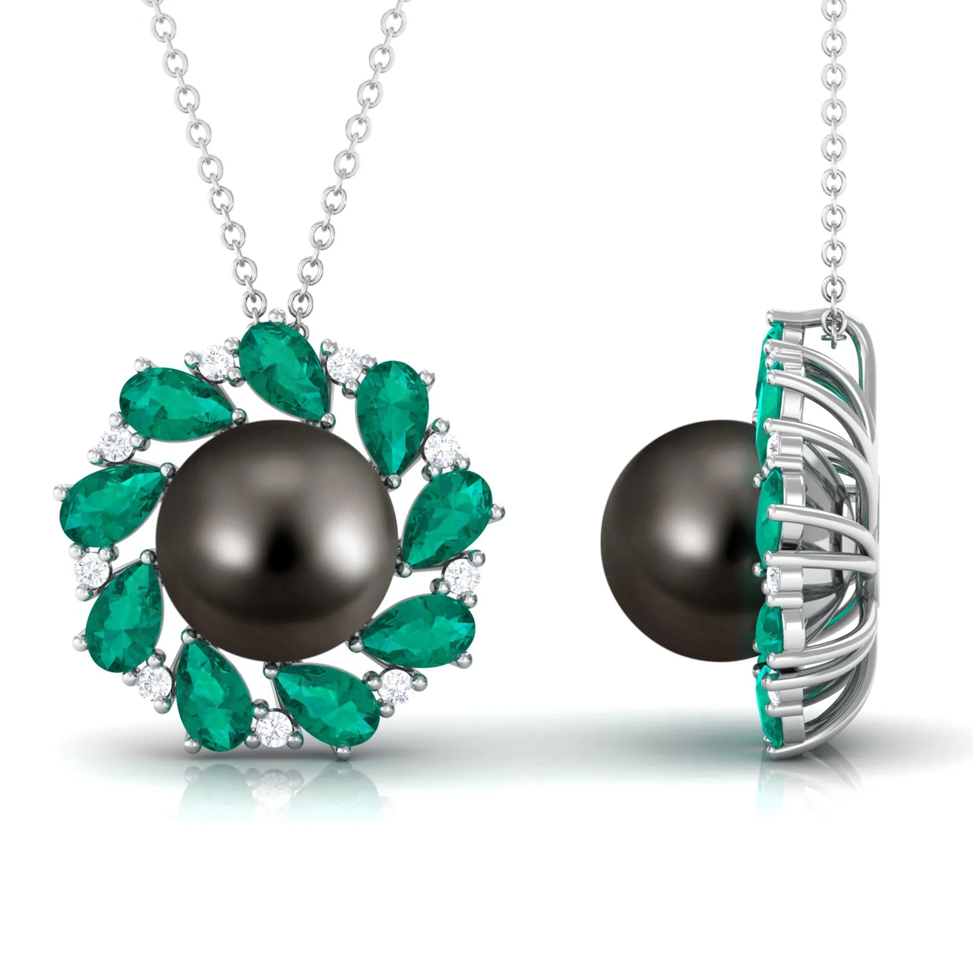 Handpicked Black Tahitian Pearl Flower Pendant Necklace with Lab Grown Emerald and Moissanite