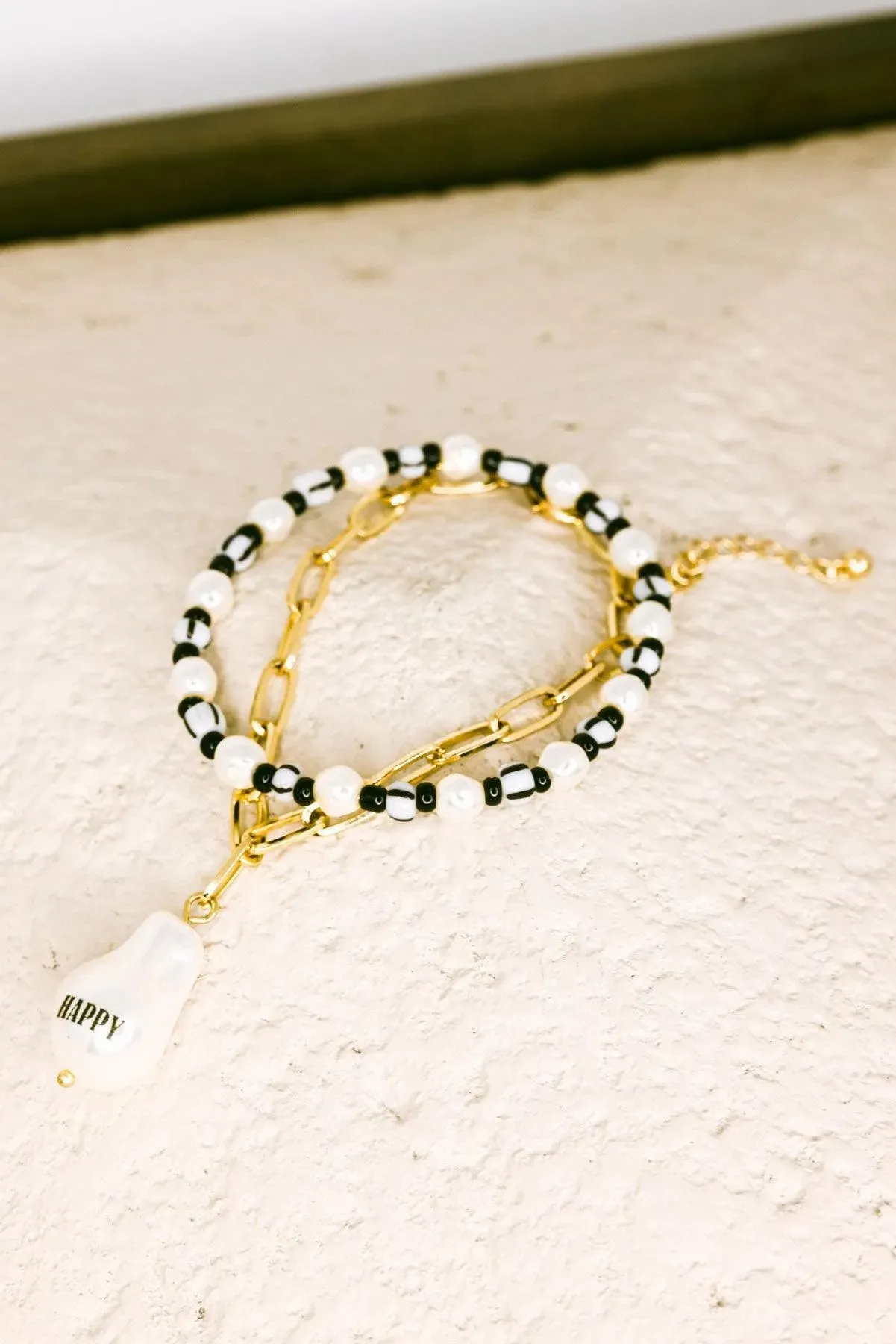Happy Acrylic Pearl Charm Beaded Bracelet Set
