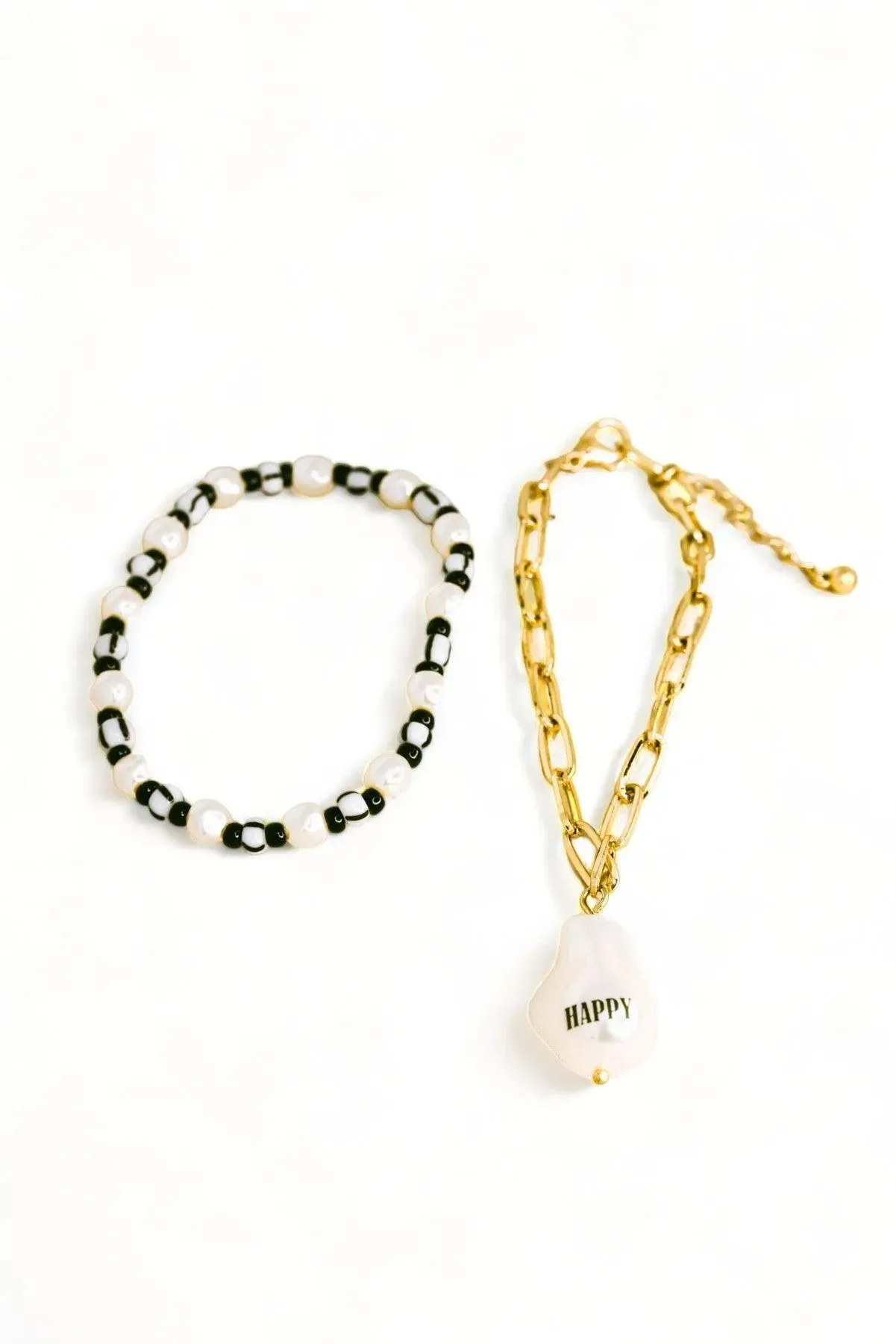 Happy Acrylic Pearl Charm Beaded Bracelet Set