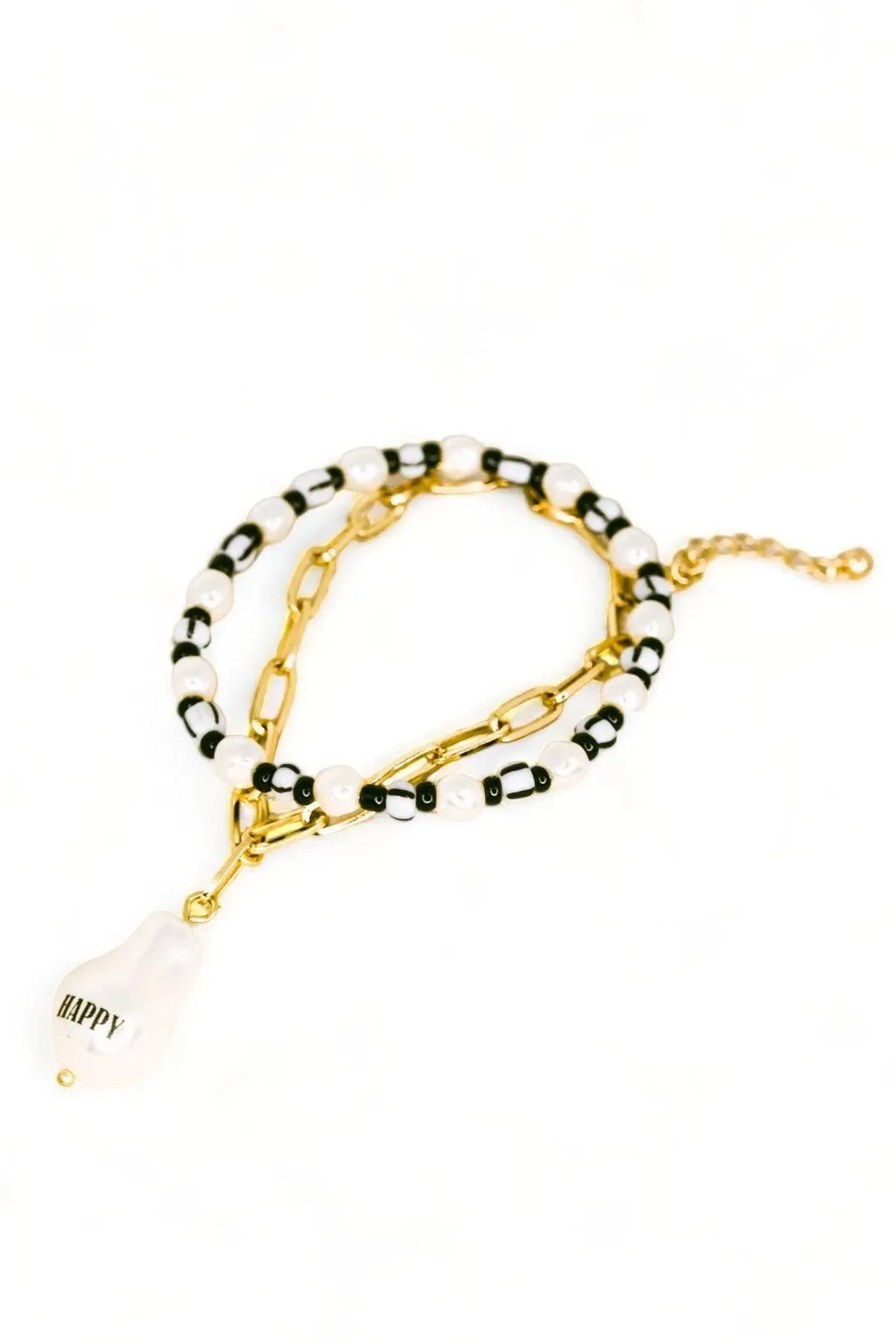 Happy Acrylic Pearl Charm Beaded Bracelet Set