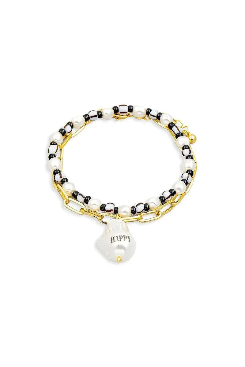 Happy Acrylic Pearl Charm Beaded Bracelet Set