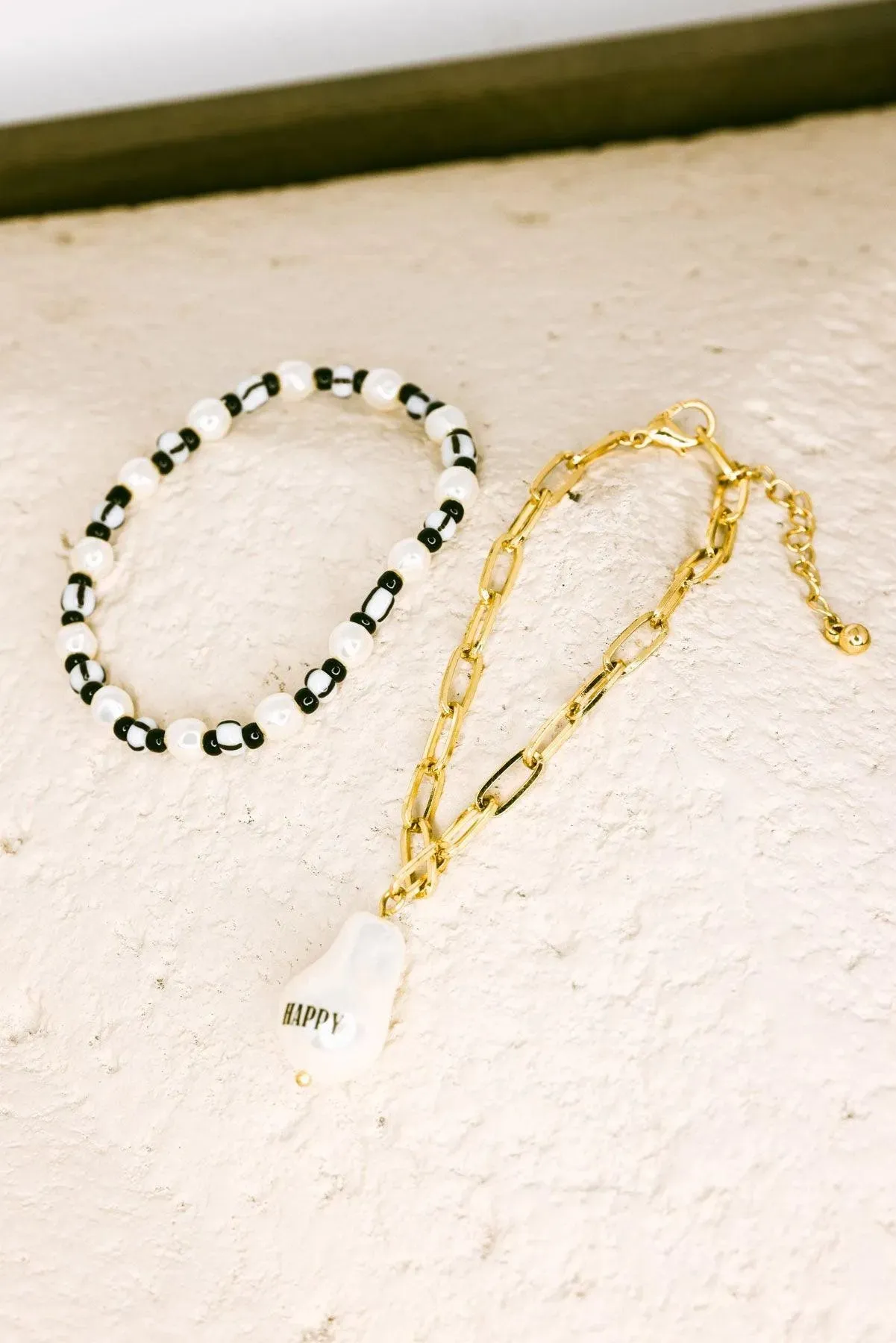 Happy Acrylic Pearl Charm Beaded Bracelet Set