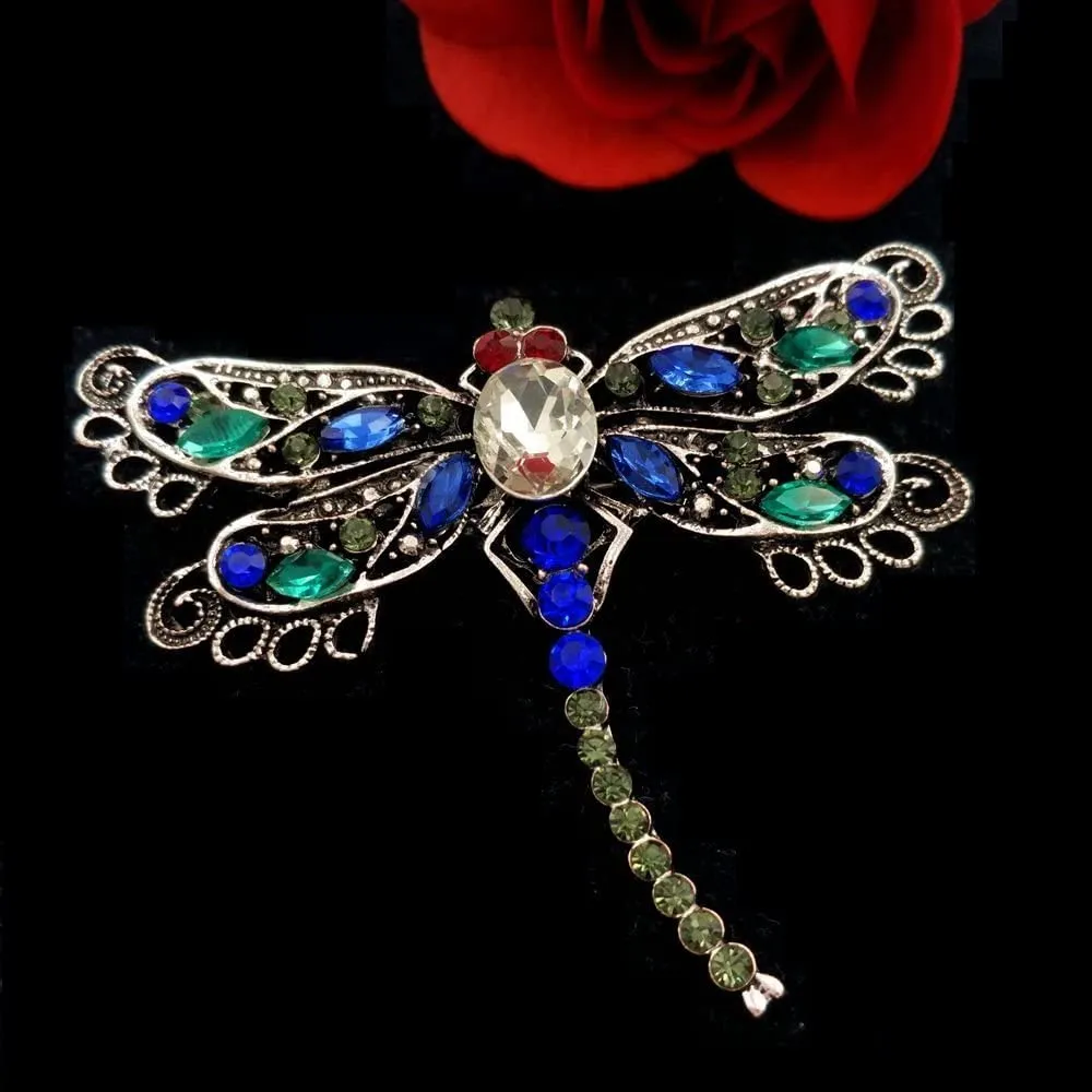 Jewelblings Vintage Red Eyes Green Blue Crystal Filigree Dragonfly Brooches Pins Statement Insect Jewelry