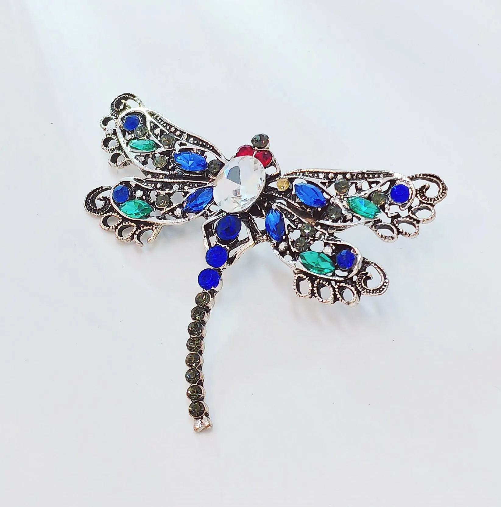 Jewelblings Vintage Red Eyes Green Blue Crystal Filigree Dragonfly Brooches Pins Statement Insect Jewelry