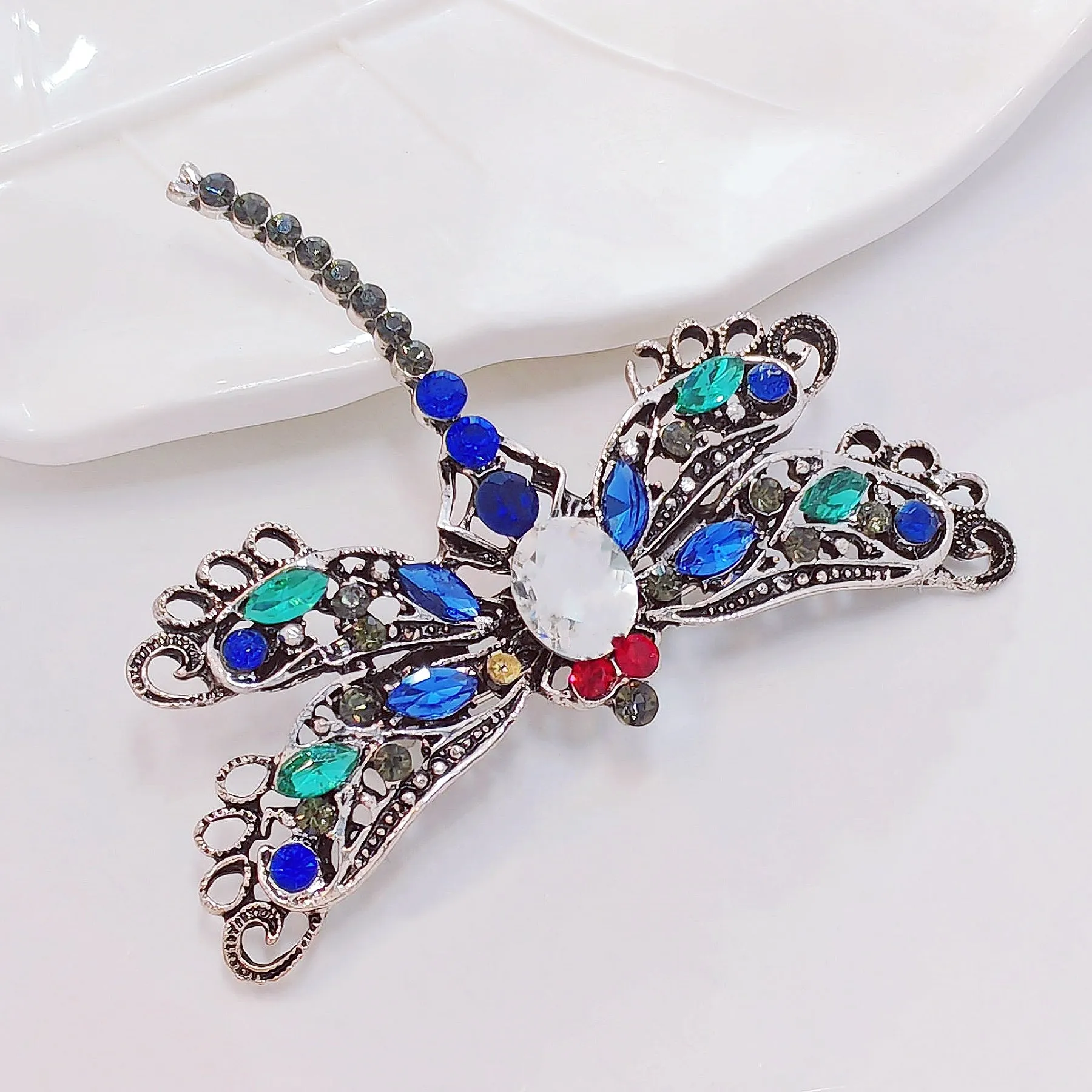 Jewelblings Vintage Red Eyes Green Blue Crystal Filigree Dragonfly Brooches Pins Statement Insect Jewelry
