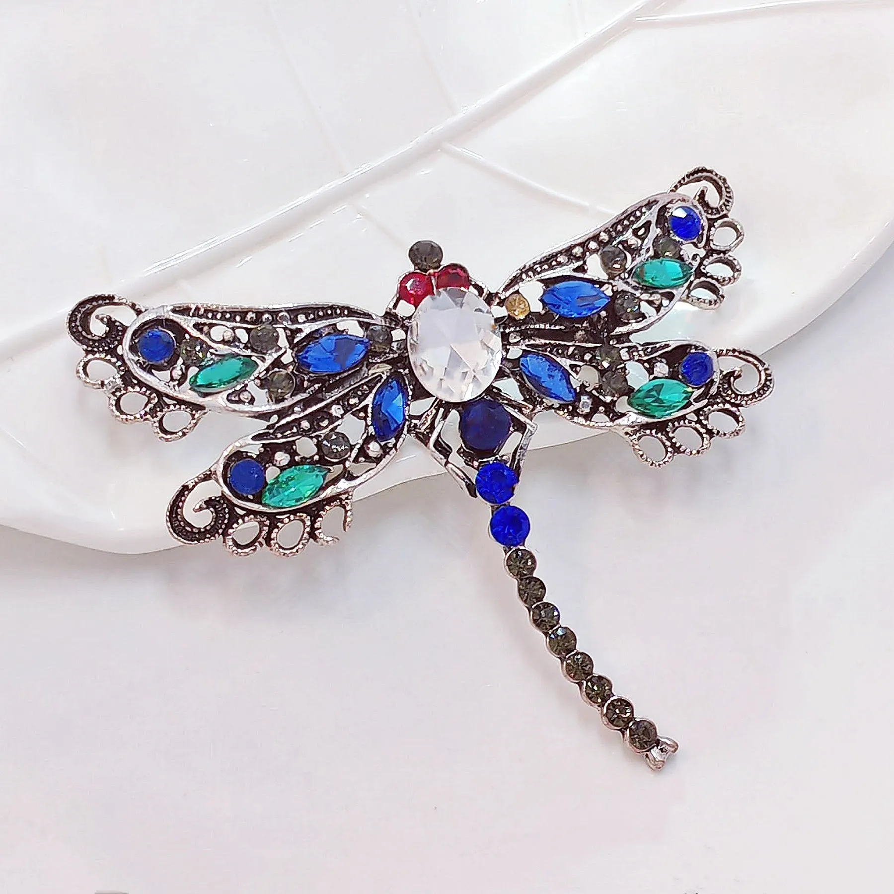 Jewelblings Vintage Red Eyes Green Blue Crystal Filigree Dragonfly Brooches Pins Statement Insect Jewelry
